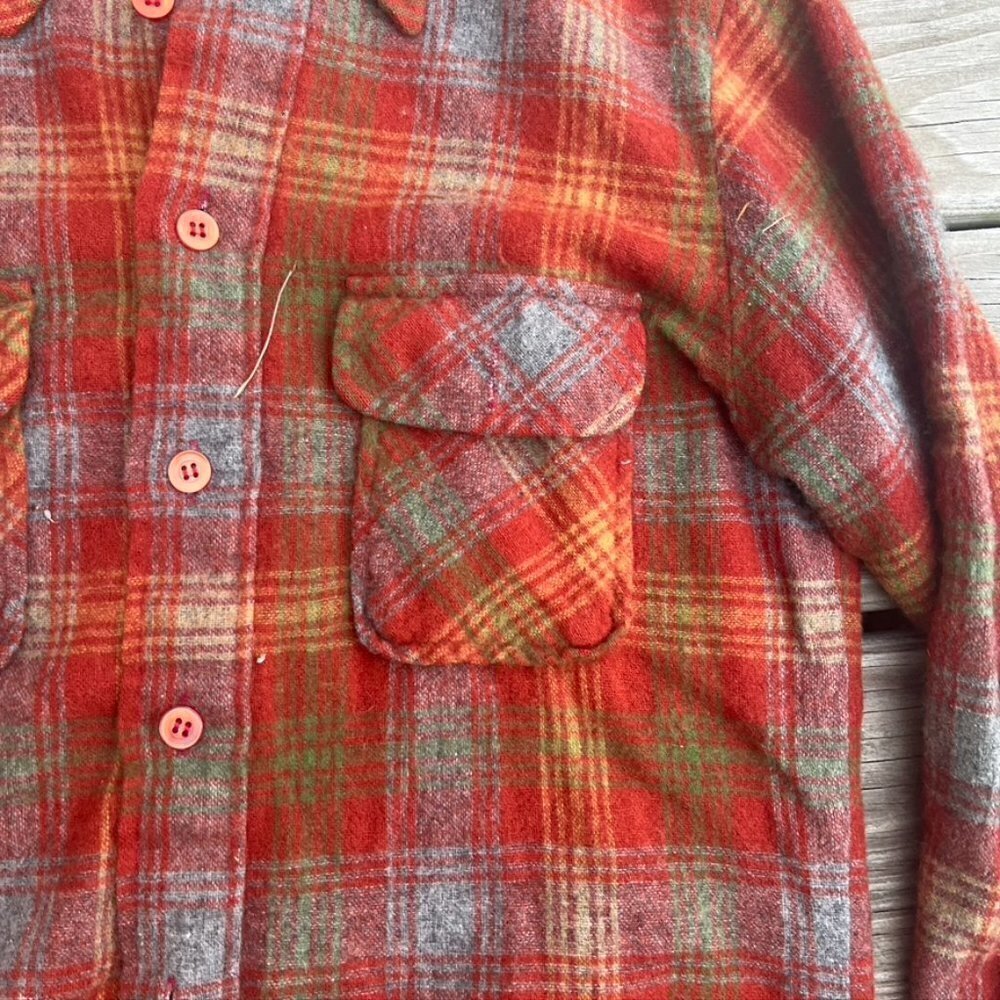 ** Vintage 1970s Richman Bros Red Green Plaid Wool Button Front Shirt S - Picture 5 of 11